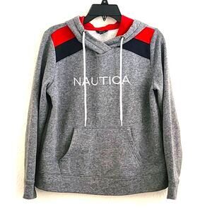 SWEATSHIRT-HOODIE-NAUTICA-Gray-Red-Front Pockets-String Tie-Size Small
